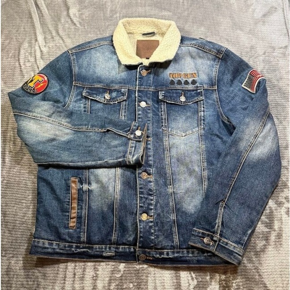 Top Gun Mens Denim Sherpa Lined Trucker Jacket Blue Patches 2X TGJ1940‎ Button